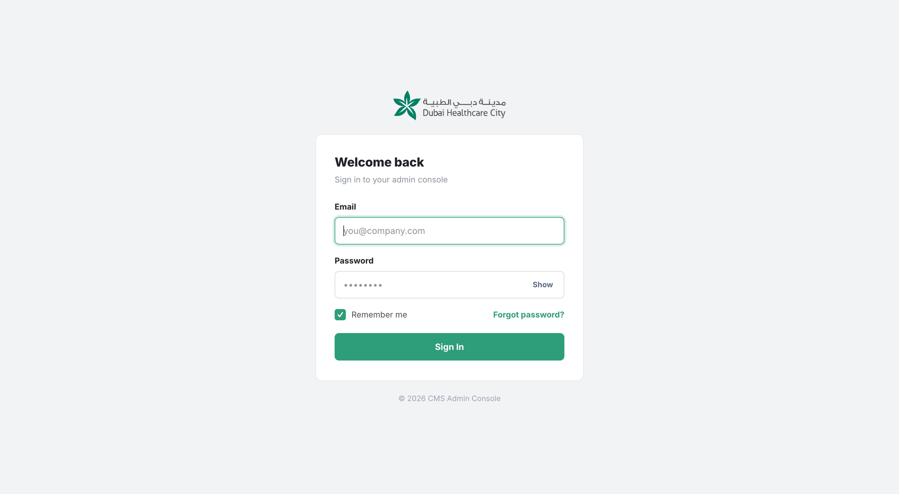 The DHCC CMS sign-in screen showing email and password fields