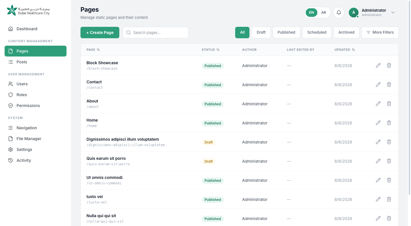 The Pages index listing titles, statuses, authors and last-edited dates, with search and filter controls