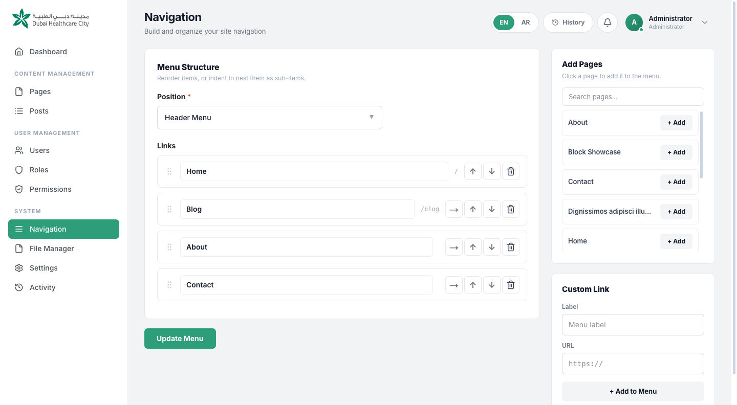 The visual menu builder, with a panel for adding items on the left and a draggable menu tree on the right