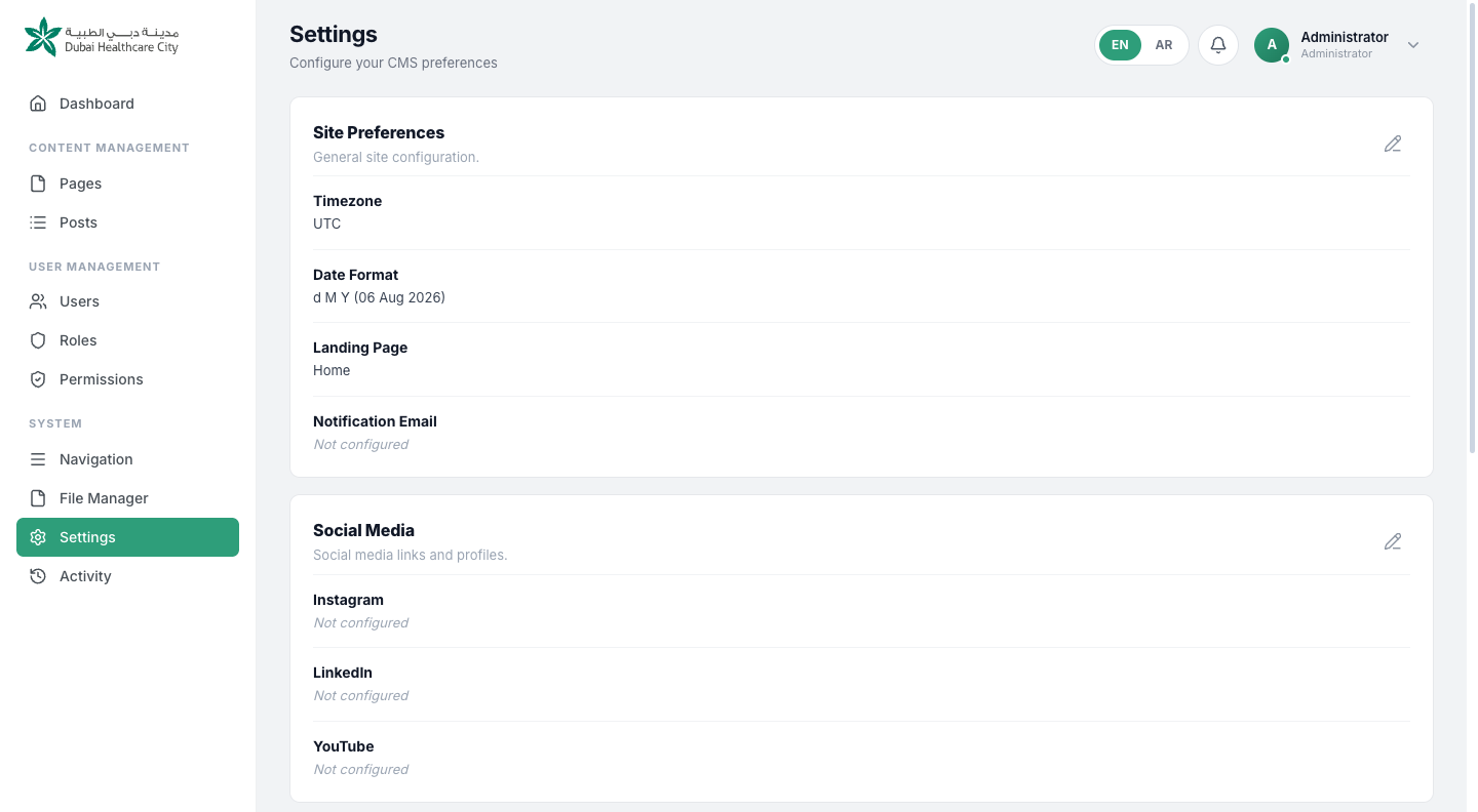 The Settings screen organised into groups such as Site Preferences, Social Media, Analytics and Scripts