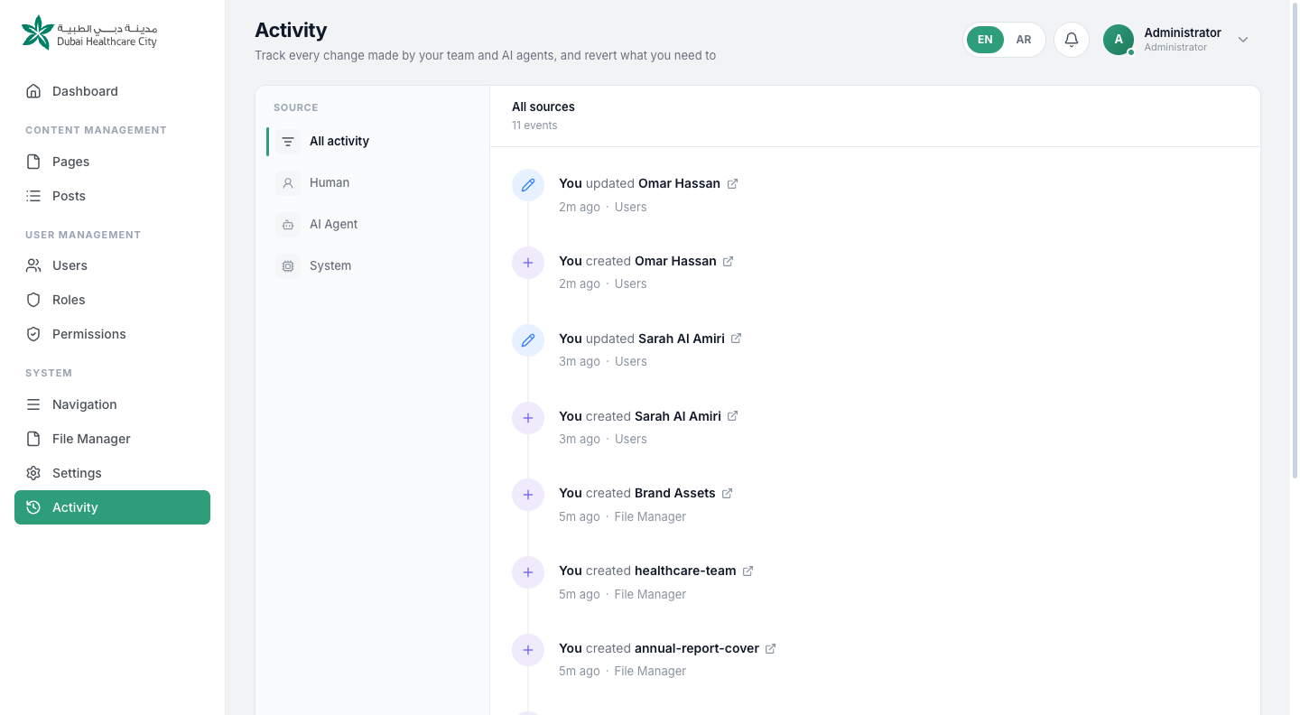 The activity feed listing recent actions with source filters in the left rail