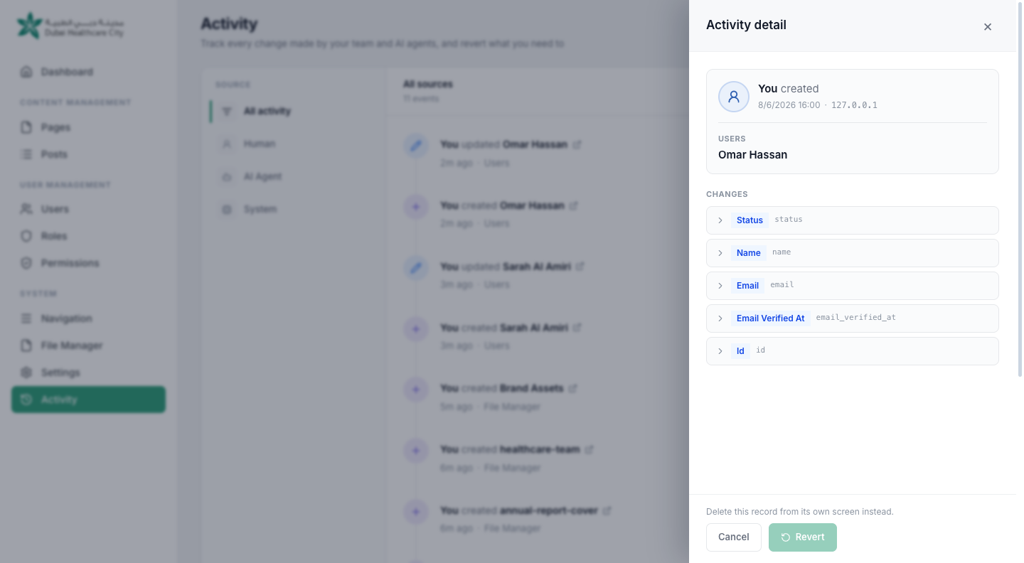 An activity log entry expanded to show a field-by-field diff, with a revert button
