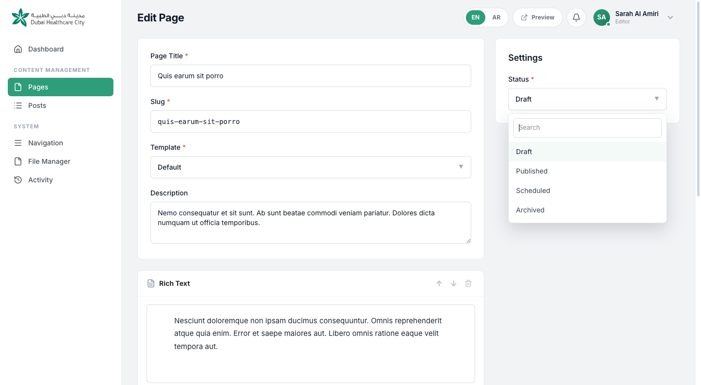 The status dropdown showing Draft, Published, Scheduled and Archived options