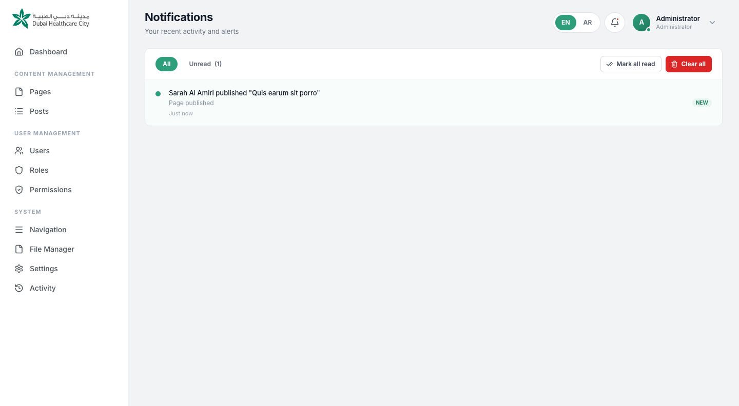 The notification inbox showing an unread alert about a newly published page