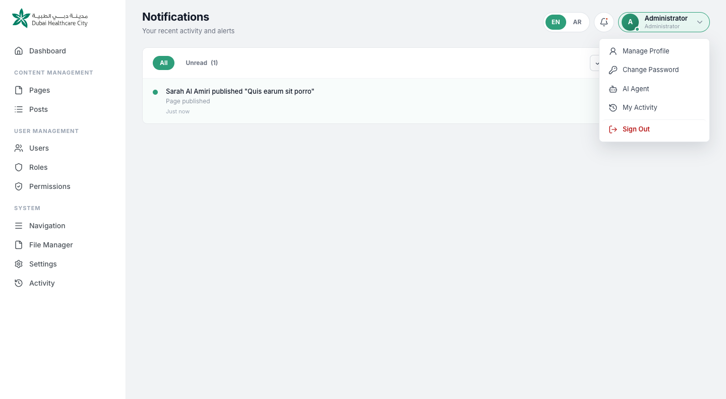 The account menu with options for Manage Profile, Change Password, AI Agent, My Activity and Sign Out