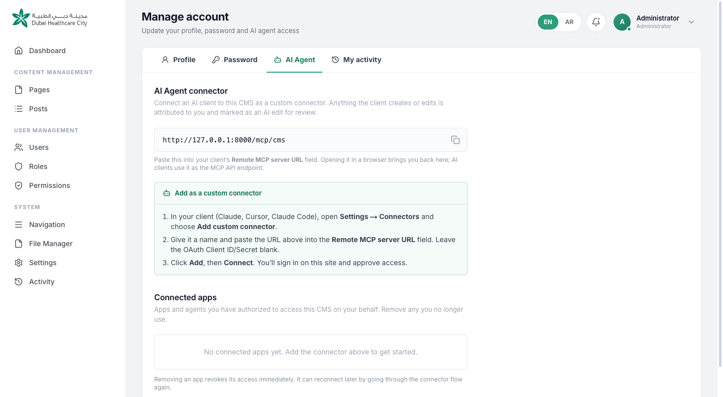 The AI Agent page showing the connector URL and a list of connected AI applications