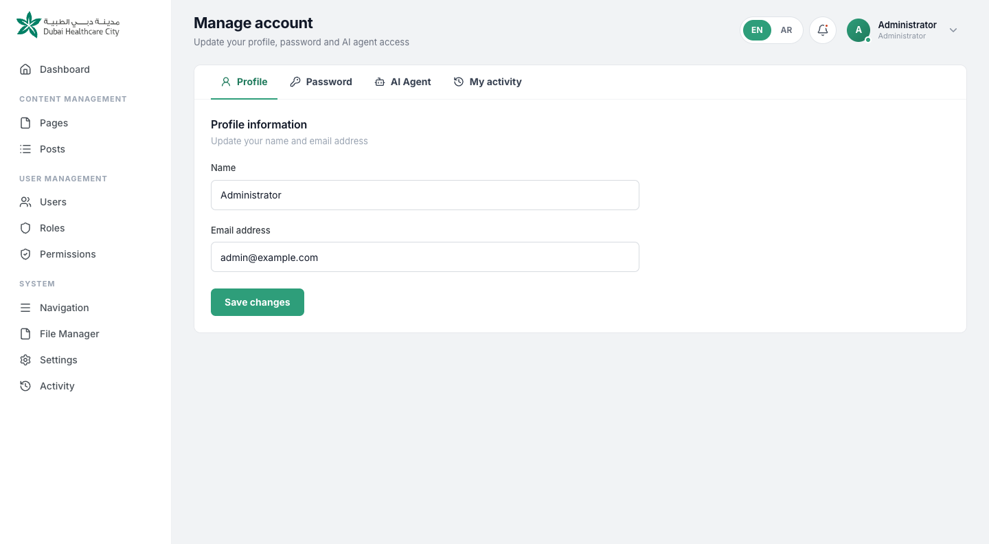 The account profile screen with fields for name and email